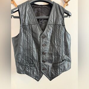 Ladeveze Montreal Black Leather Unisex Pleated Waistcoat Vest, Size 44